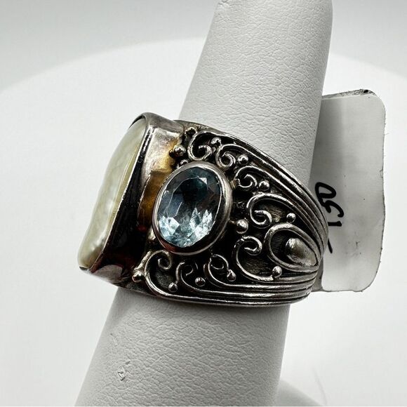 Genuine pearl and blue topaz in sterling silver ring! - Picture 4 of 13